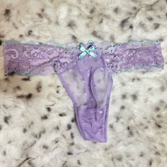 Victoria secret thong panties purple polka dot mesh light baby blue ribbon bow - Picture 7 of 8